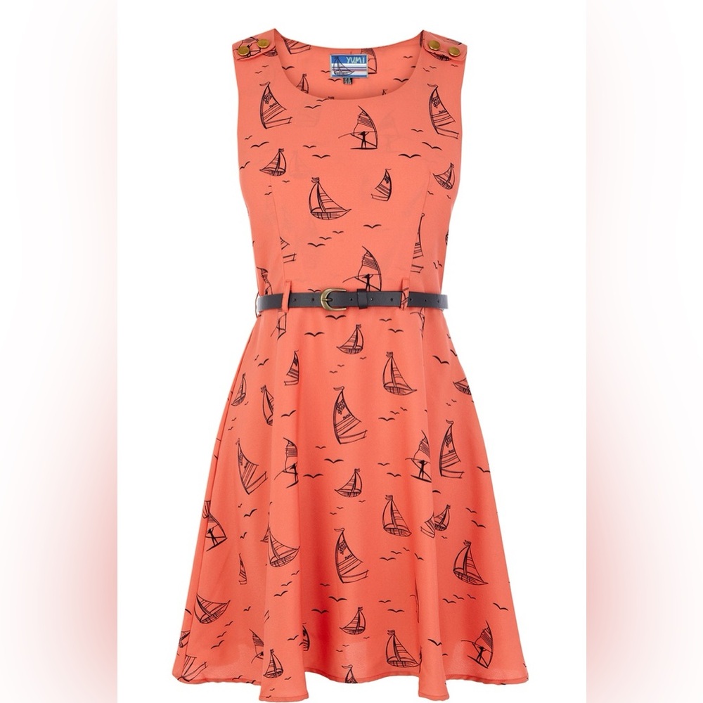 Yumi Coral Sailboat Print Dress